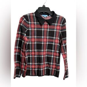 Draper James Red and Black Plaid Collar Sweater
